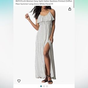 White stripe Ruffle Maxi Dress with Side Slit and adjustable halter neck